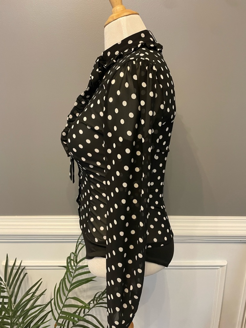 Fashion Nova Black and White Polka Dot Ruffle Tie-Neck Blouse - Picture 6 of 13